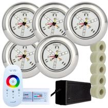 Kit 5 Refletores Led 9w RGB Inox S e Adaptadores Cano 50mm e Comando para Iluminação Piscina