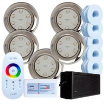 Kit 5 Refletores Led 9w RGB Inox S e Comando para Iluminação Para Piscina Fibra