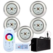 Kit 5 Refletores Led 9w RGB Inox S e Comando para Iluminação Piscina