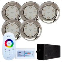 Kit 5 Refletores Led 9w RGB Inox S Para Iluminação Piscina e Comando