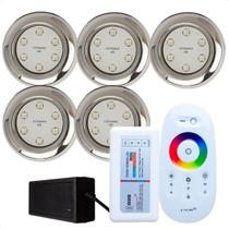 Kit 5 Refletores Led 9w RGB Inox S Para Iluminação Piscina e Comando