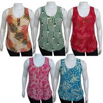 Kit 5 Regata Básica Botão Malha Fria Estampada Blusa Liganete Soltinhas.