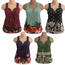 Kit 5 Regata Malha Fria Liganete Senhoras Plus Estampada Sortidas
