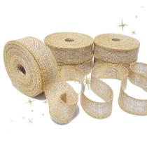 Kit 5 Rolos Fita Juta Cru Natural com Fio Dourado 4cm X 10m