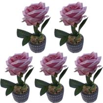 Kit 5 Rosas Artificiais Rosa Com Vasinho De Cimento Lindas - Tubarão Flores