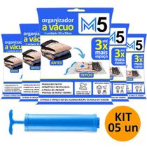 Kit 5 Saco a Vácuo 50x60cm Organizador Hermético para Mala de Viagem Guarda Roupa + Bomba