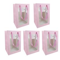 Kit 5 Sacolas De Presente C/Visor Alça Cor Papel 30x20x16cm Cor:Rosa