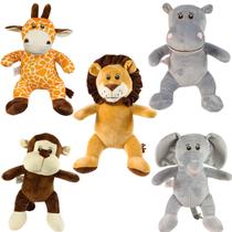 Kit 5 Safari De Pelúcia Nacional Presente Nicho Brinquedo Decoração Festa Bebê Deluxe Elefante Girafa Leão Macaco Hipopótamo