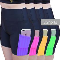 Kit 5 Shorts cintura alta de academia Suplex com bolsos para celular