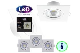 Kit 5 Spot LED Luminária Cob Quadrado 3w Branco Frio Casa Quarto L&D 0174