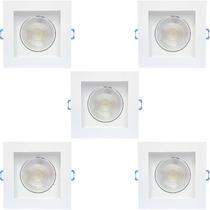 Kit 5 spot led quadrado direcionavel recuado embutir branco 5w branco frio 6000k ctb