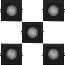 Kit 5 spot led quadrado direcionavel recuado embutir preto 5w branco frio 6000k ctb