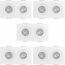 KIT 5 SPOT LED QUADRADO DUPLO DIRECIONAVEL EMBUTIR 10W 3000k CORPO BRANCO EMBULED