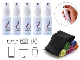 Kit 5 Spray Limpa Lentes Clean up 25ml + 5 Lenços Mágicos Micro Fibra