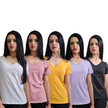 Kit 5 T Shirt Feminina Camiseta Blusa Gola V Podrinha Premium Cores Variadas