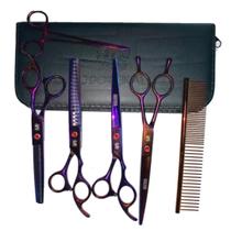 Kit 5 Tesoura Pet Rainbow Profissional 7 Polegada Banho Tosa