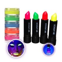 Kit 5 Tintas Faciais + 5 Batons Neon Brilha Luz Negra