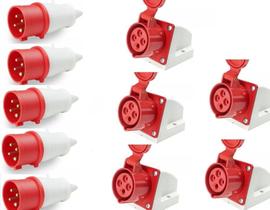 Kit 5 Tomada e Plug Industrial M/F Sobrepor 32A 380v 4 Polos