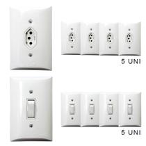Kit 5 Tomadas Simples 2p+t 10A + 5 Interruptores Simples 1 Tecla Com Espelho Branco Bivolt 127V e 250V Kit 5 Tomadas Simples 2p+t 10A + 5 Interruptores Simples 1 Tecla Com Espelho Branco Bivolt 127V e 250V