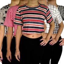 Kit 5 Tops Femininos Blusinhas Manga Curta Soltinhos Estampas Sortidas Viscolycra Pp ao Plus Size Kit 5 Tops Femininos Blusinhas Manga Curta Soltinhos Estampas Sortidas Viscolycra Pp ao Plus Size
