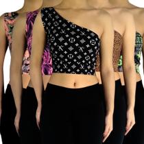 Kit 5 Tops Femininos Cropped Regata Um Ombro Mula Manca Estampas Sortidas Suplex PP ao Plus Size