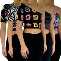 Kit 5 Tops Femininos Manga Curta Um Ombro Só Mula Manca Estampas Sortidas Suplex PP ao Plus Size
