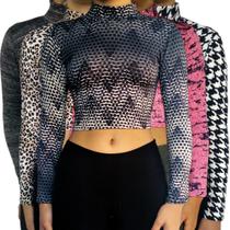 Kit 5 Tops Femininos Manga Longa Gola Alta Justos Estampas Sortidas Suplex PP ao Plus Size