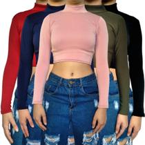 Kit 5 Tops Femininos Manga Longa Gola Alta Justos Lisos Cores Sortidas Malha Crepe Pp ao Plus Size Kit 5 Tops Femininos Manga Longa Gola Alta Justos Lisos Cores Sortidas Malha Crepe Pp ao Plus Size