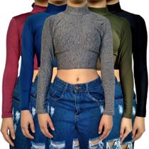 Kit 5 Tops Femininos Manga Longa Gola Alta Justos Lisos Cores Sortidas Suplex Pp ao Plus Size Kit 5 Tops Femininos Manga Longa Gola Alta Justos Lisos Cores Sortidas Suplex Pp ao Plus Size