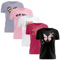 Kit 5 Tshirt Blusa Estampada Feminina Manga Curta Camiseta Camisa