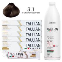 Kit 5 Un Coloração 5.1 Castanho Claro Cinza + Oxidante de 1L 30 Vol Itallian Color