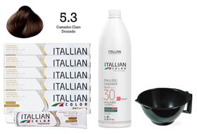 Kit 5 Un Coloração 5.3 Castanho Claro Dourado + Oxidante de 1L 30 Vol Itallian Color