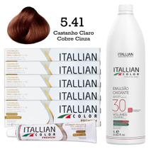 Kit 5 Un Coloração 5.41 Castanho Claro Cobre Cinza + Oxidante de 1L 30 Vol Itallian Color