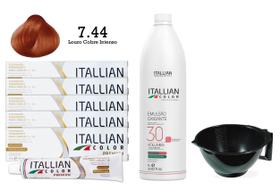 Kit 5 Un Coloração 7.44 Louro Cobre Intenso + Oxidante de 1L 30 Vol Itallian Color