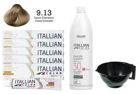 Kit 5 Un Coloração 9.13 Louro Claríssimo Cinza Dourado + Oxidante de 1L 30 Vol Itallian Color