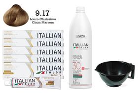 Kit 5 Un Coloração 9.17 Louro Claríssimo Cinza Marrom + Oxidante de 1L 30 Vol Itallian Color
