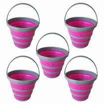 Kit 5 Unidades Balde Dobrável Retrátil Rosa 10 Litros Multiuso