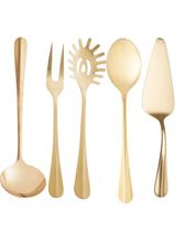 Kit 5 Utensílios de Cozinha Aço Inox Positano Concha Espatula Pegador de Massas Colher de Arroz e Garfo Churrasco Gold Dourado Lyor
