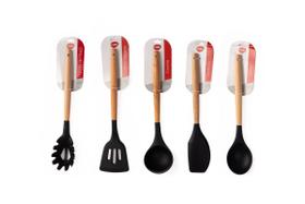 Kit 5 Utensílios De Silicone Cabo Madeira Colher Raspador Concha Espátula Massas WK
