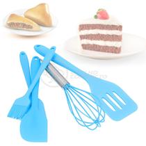Kit 5 Utensílios Jogo de Cozinha Peças de Silicone Espátulas Batedor Manual e Pincel - Azul