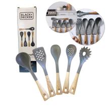 Kit 5 Utensílios Nylon Silicone Cozinha Antiaderente Cinza