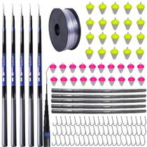 Kit 5 Vara de Pesca Telescópica Lisa Gomo Curto Fibra de Vidro com Capa Protetora Retrátil Caniço Com Anzol Chumbada Filete Boia Lambari Linha 0,20mm