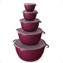 Kit 5 Vasilhas Plásticas Caçarola P/ Alimento C/ Tampa Bowl Vermelho Cozinha