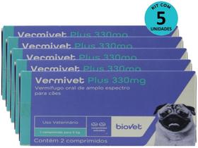 Kit 5 Vermífugo Vermivet Plus 330mg C/ 2 Comprimidos P/ Cães - Biovet