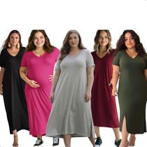 Kit 5 Vestido Midi Feminino Longo Liso Com Fenda E Bolsos
