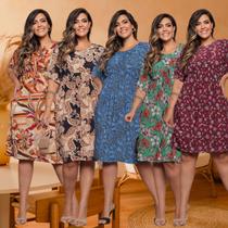 Kit 5 Vestidos Plus Size Estampado Com Manga Morcego e Elástico na Cintura Estampa Sortida