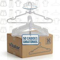 Kit 50 Cabides Acrílico Transparente Reforçado 10mm Giratório 44cm para Closet Premium