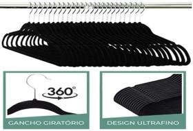 Kit 50 Cabides De Veludo Slim Preto Antideslizante Ultrafino, Elegante Preto