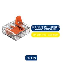 Kit 50 Conectores Terminal Wago Original - 3 Pólos 221-413 Para Cabos e Fios - Até 4mm