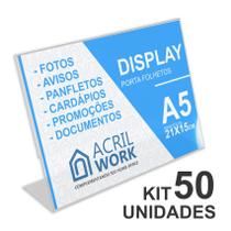 Kit 50 Displays Acrílico Porta Folha Papel A5 L Horizontal